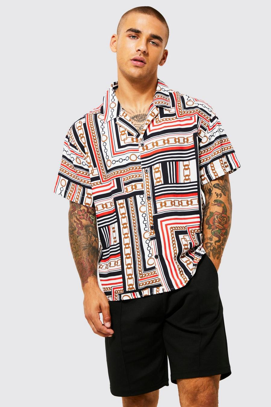 Men's Short Sleeve Boxy Chain Viscose Revere Shirt | Boohoo UK
