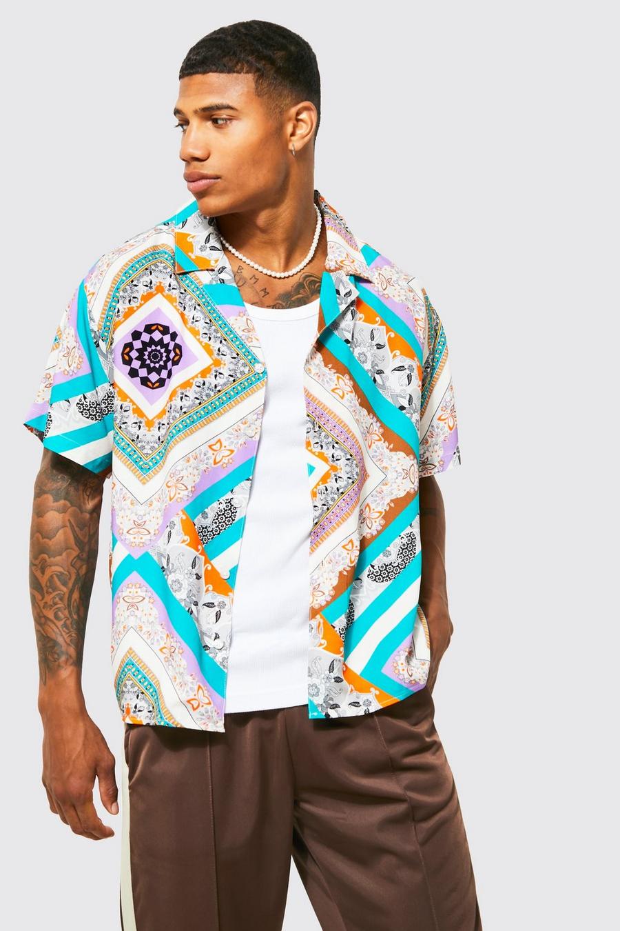 Camisa recta de manga corta y viscosa con estampado de mosaico y solapas, Multi multicolor