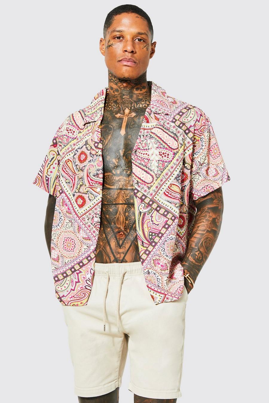 מולטי multicolor חולצת ויסקוזה בגזרה מרובעת בדוגמת פייזלי עם שרוולים קצרים וצווארון שטוח