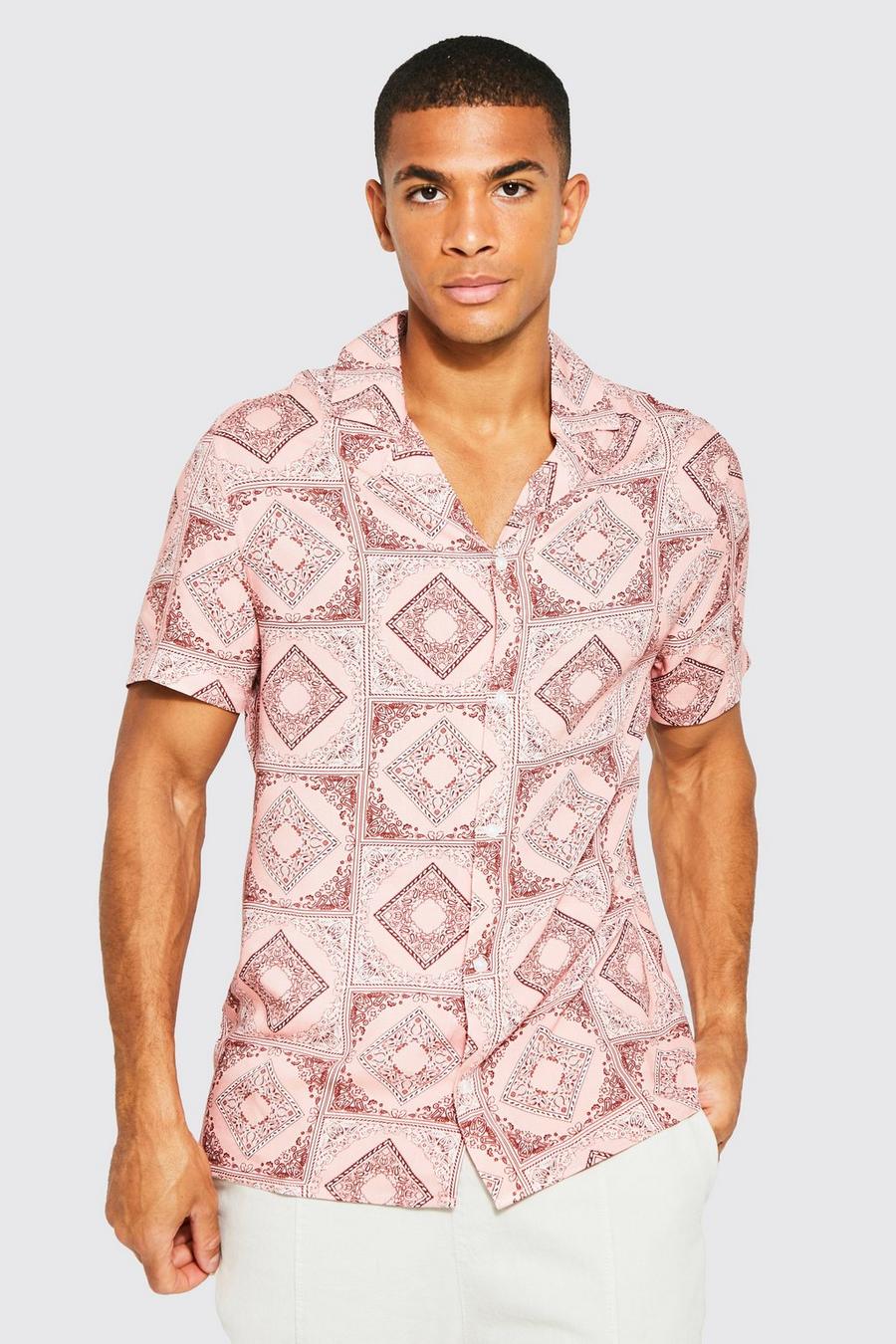 Pink Short Sleeve Tile Viscose Revere Shirt image number 1