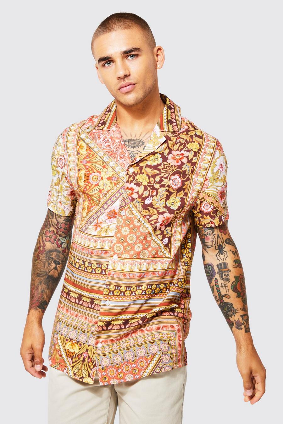 Camicia a maniche corte in viscosa con motivi stile azulejos e rever, Multi multicolor