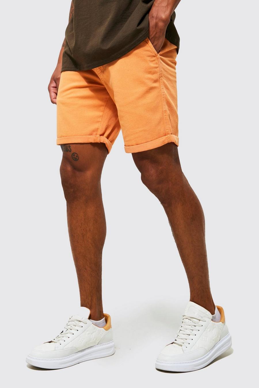 Orange Halve Elastische Denim Slim Fit Overdye Shorts image number 1