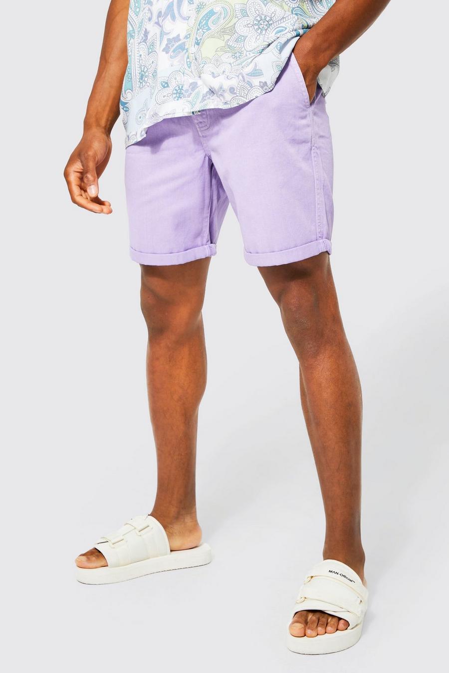 Lilac 1/2 Elastic Slim Fit Overdye Denim Shorts
