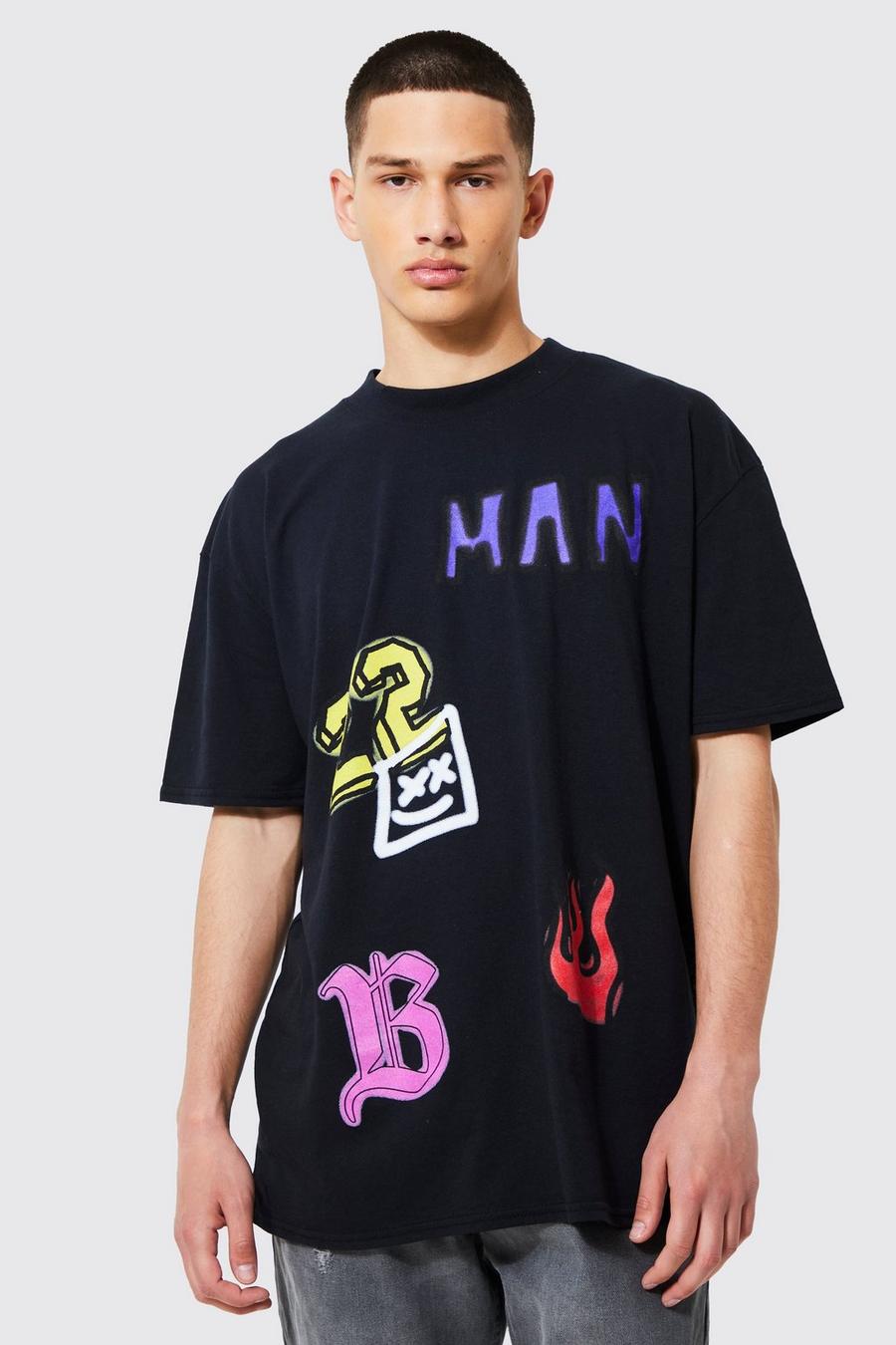 T-shirt oversize à col montant et imprimé graffiti, Black image number 1