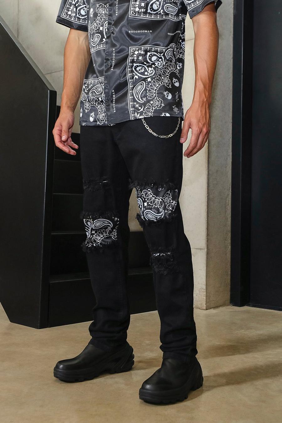 Black Paisley Patchwork Jeans image number 1