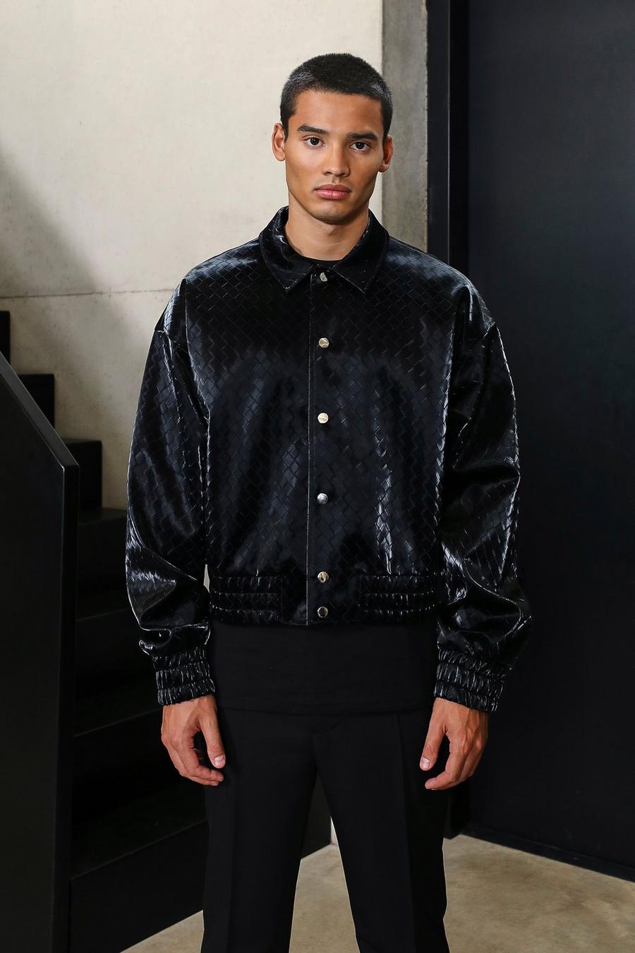 Black Quilted Pu Boxy Cropped Bomber Jacket  image number 1