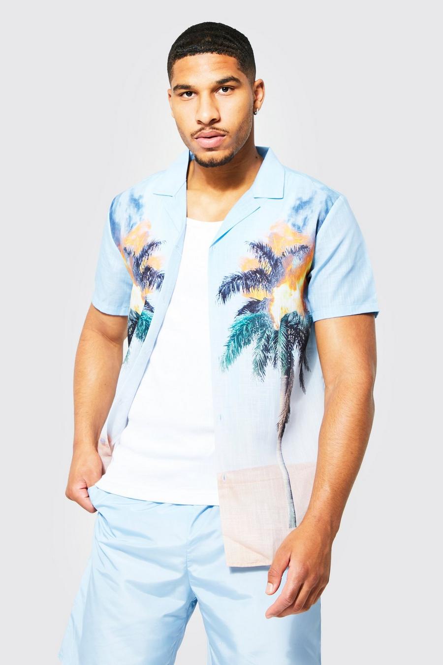 Light blue Tall Textured Palm Graphic Shirt And Swim Set