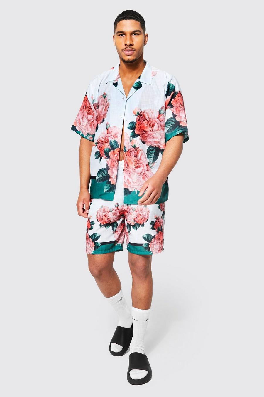 Ecru Tall Bloemen Overhemd En Shorts Set image number 1