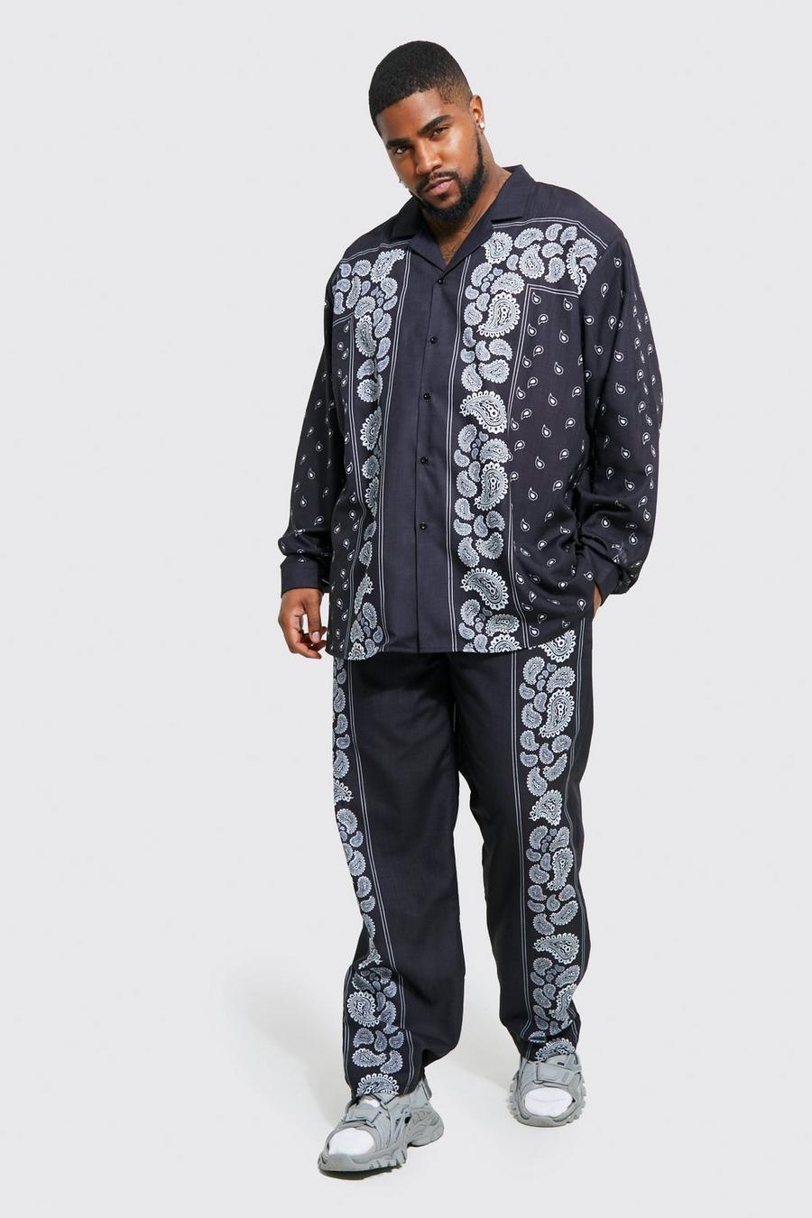 Grande taille - Ensemble texturé avec chemise ample et pantalon, Black schwarz