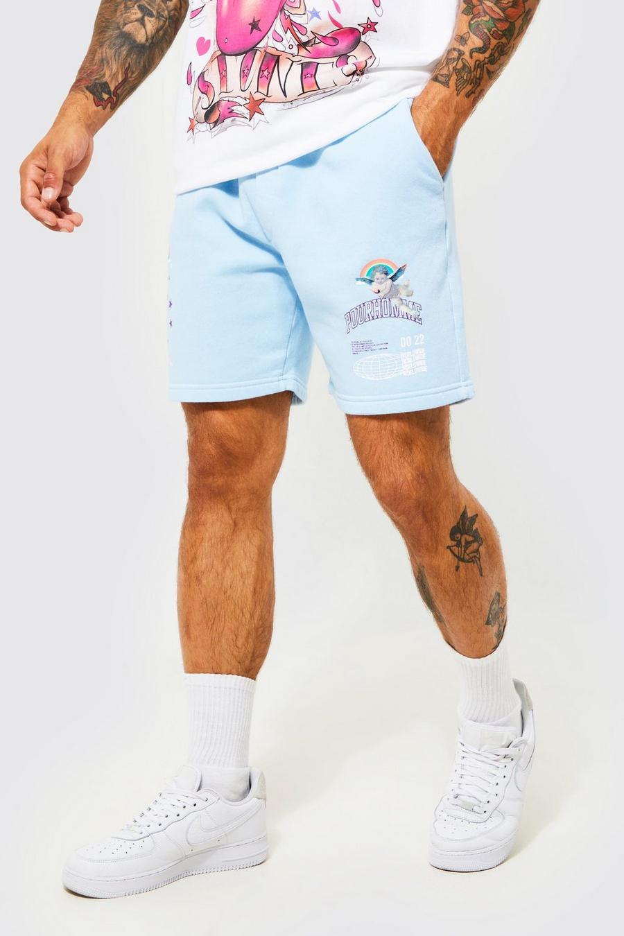 Blue Slim Fit Short Length Graphic Cherub Shorts image number 1
