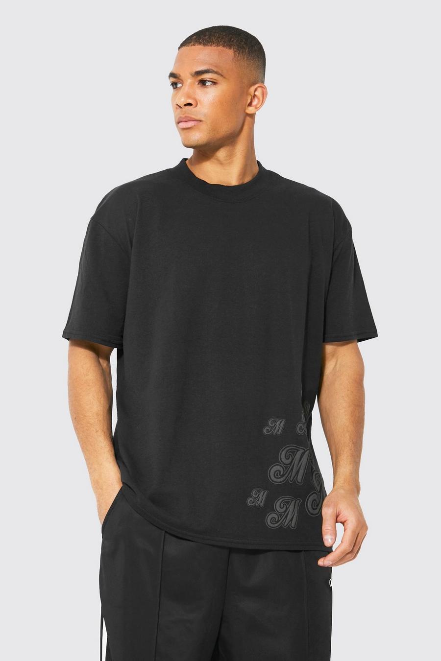 Black Oversized Extended Neck M Puff Print T-shirt
