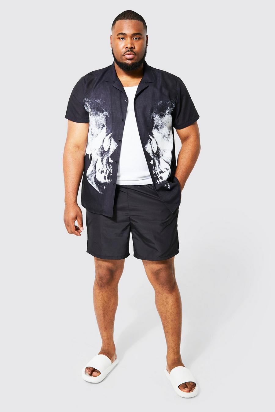 Set Plus Size camicia con teschi e trama in rilievo & costume a pantaloncino, Black nero