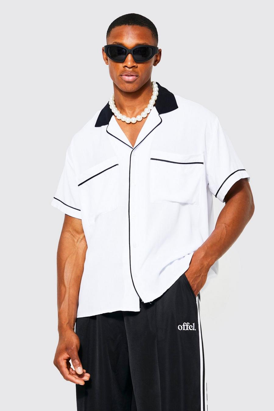 White Short Sleeve Boxy Contrast Piping Shirt image number 1