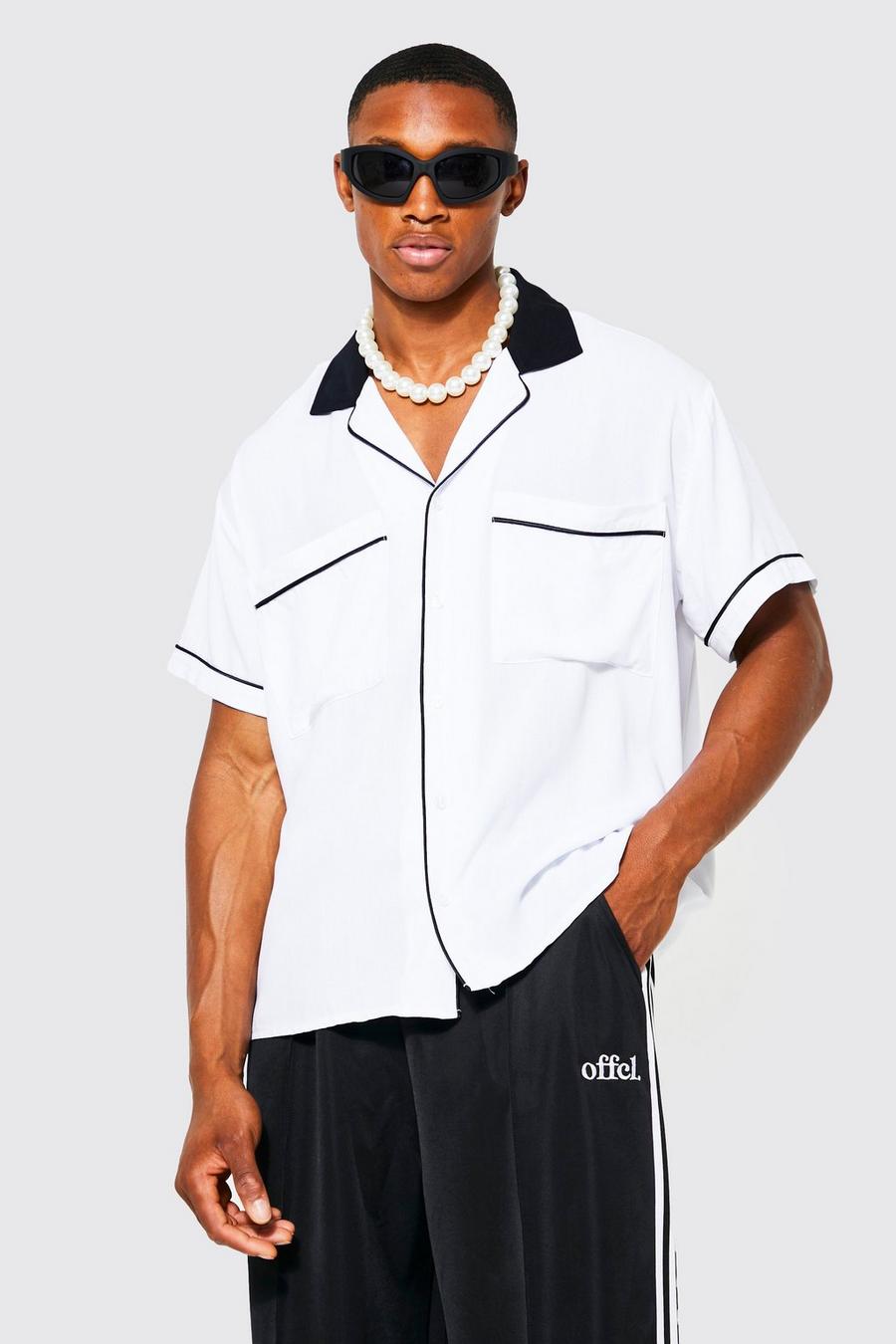 White Short Sleeve Boxy Contrast Piping Shirt