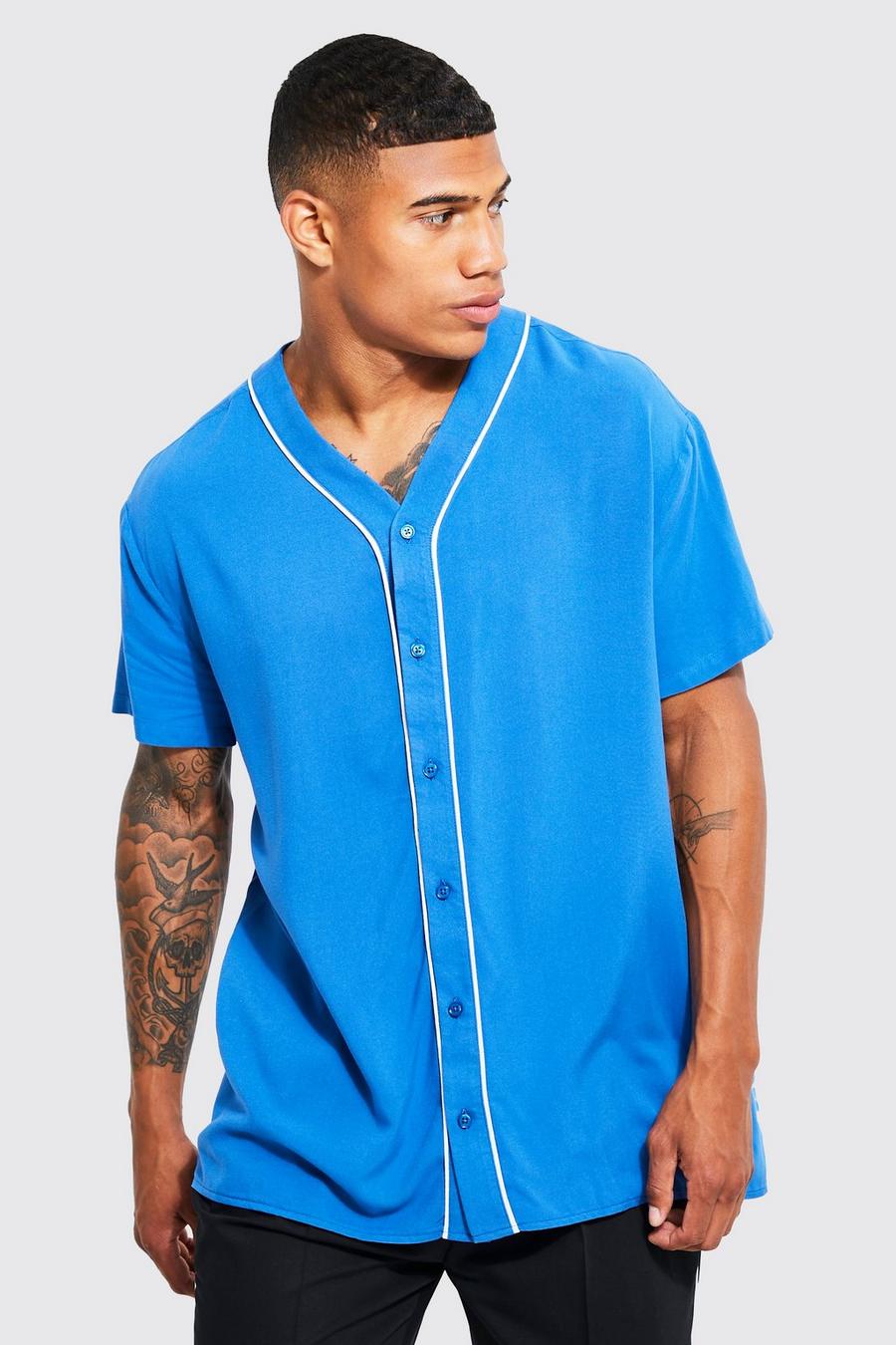 Navy blu oltremare Oversized Collarless Baseball Piping Shirt image number 1