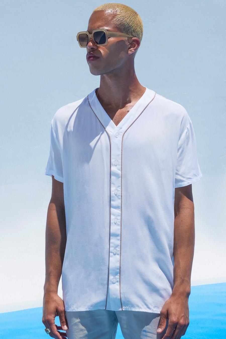 Camisa oversize sin cuello con ribete de béisbol, White bianco image number 1