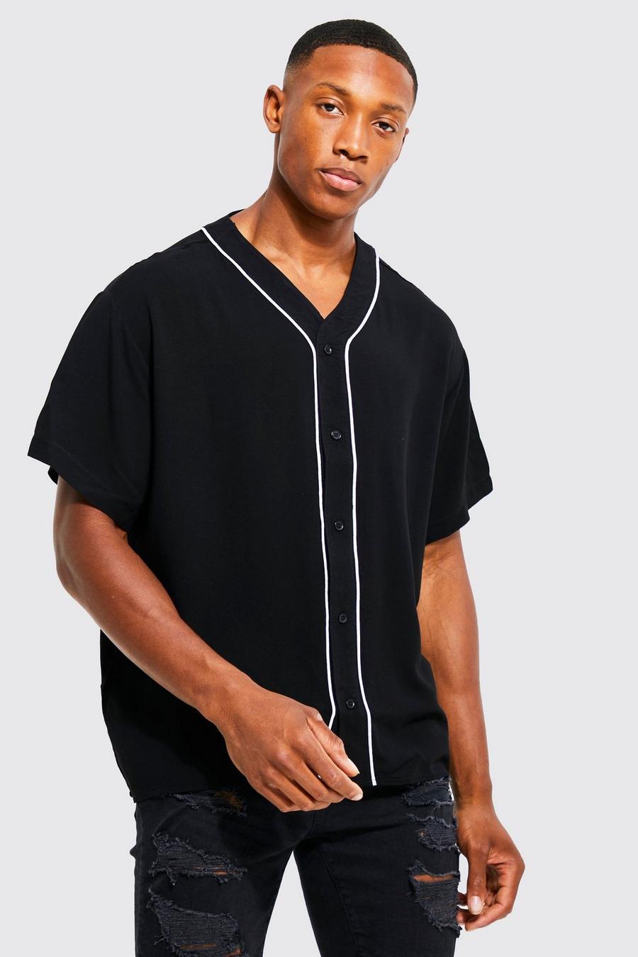 Camisa recta sin cuello con ribete de béisbol, Black image number 1