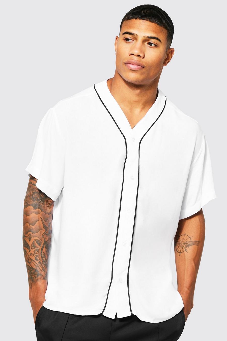 White Boxy Collarless Baseball Piping Shirt image number 1