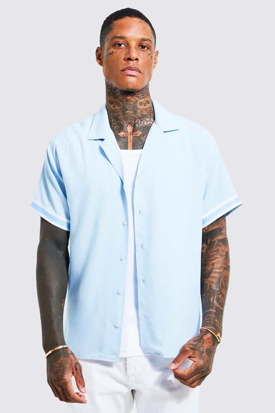 Camisa de manga corta recta elegante con solapas y cinta, Powder blue azul
