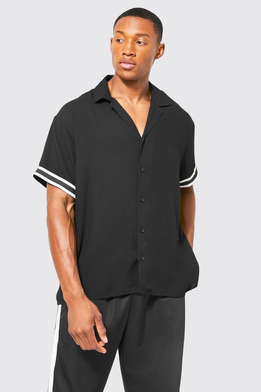 Camisa de manga corta recta elegante con solapas y cinta, Black negro