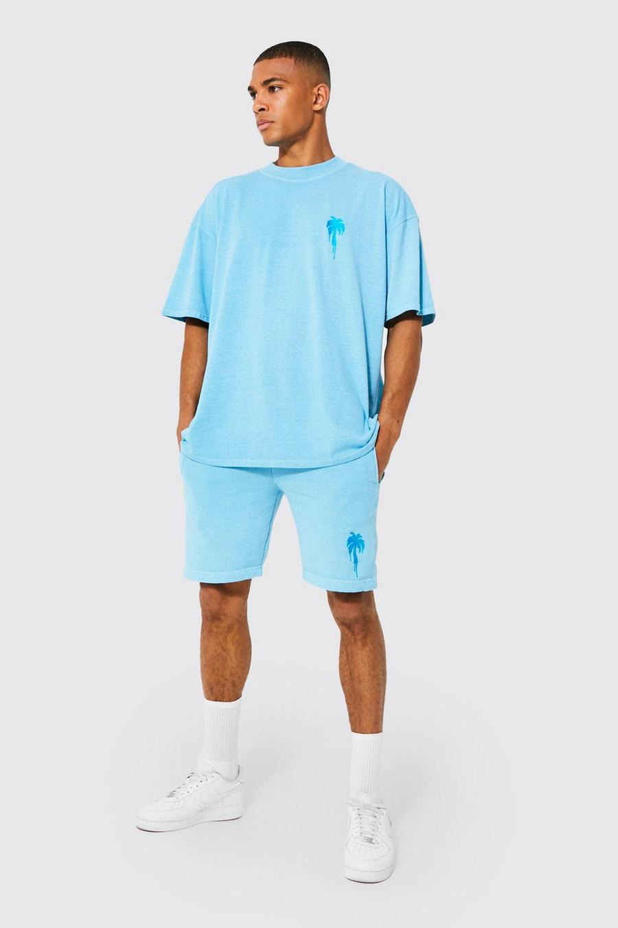 Light blue blå Oversize set med shorts och brodyr image number 1