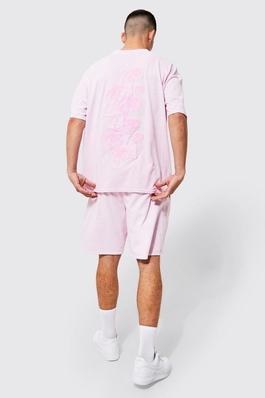 Conjunto oversize de pantalón corto sobreteñido con estampado LA de palmeras, Light pink rosa image number 1