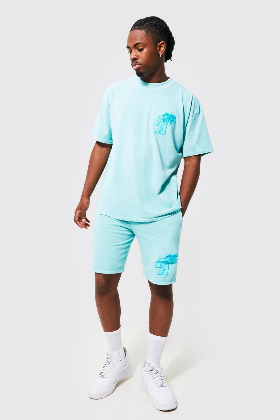Oversize La Palm Shorts-Set, Aqua blue