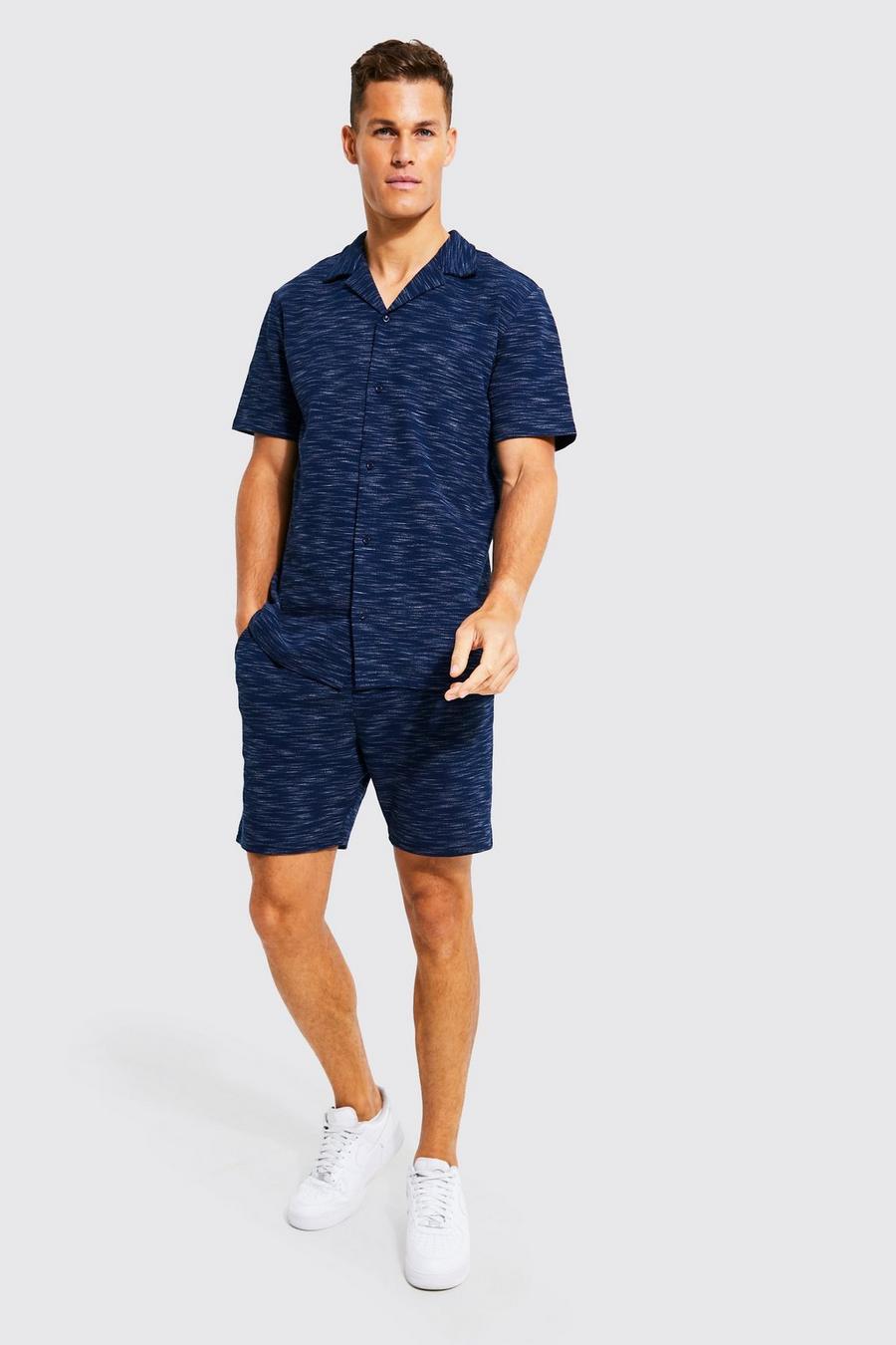 Navy Tall Short Sleeve Waffle Shirt And Short Set