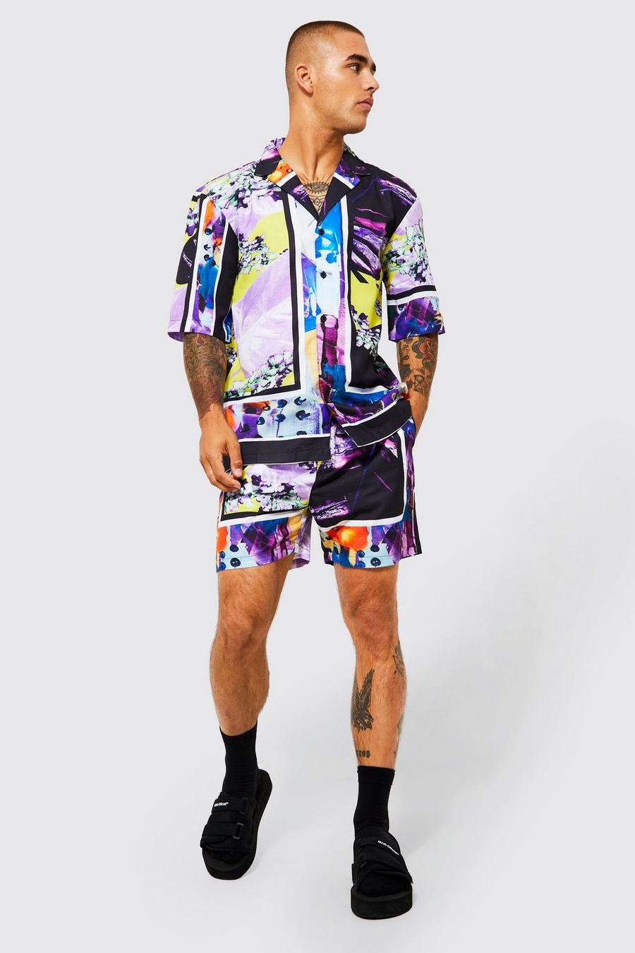 Multi Mönstrad skjorta med bowlingkrage och shorts