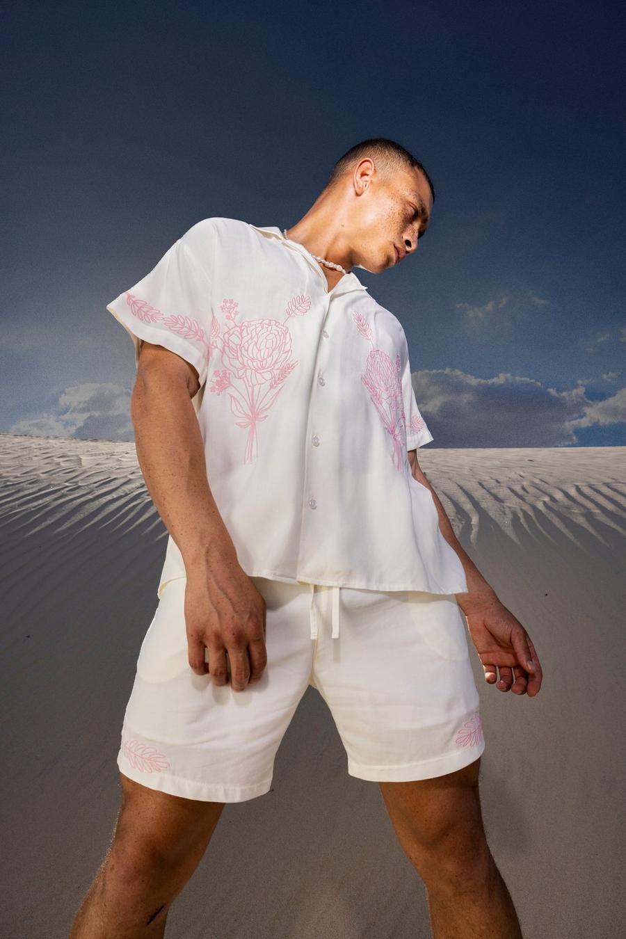 Ecru Boxy Fit Viscose Embroidered Shirt And Shorts image number 1