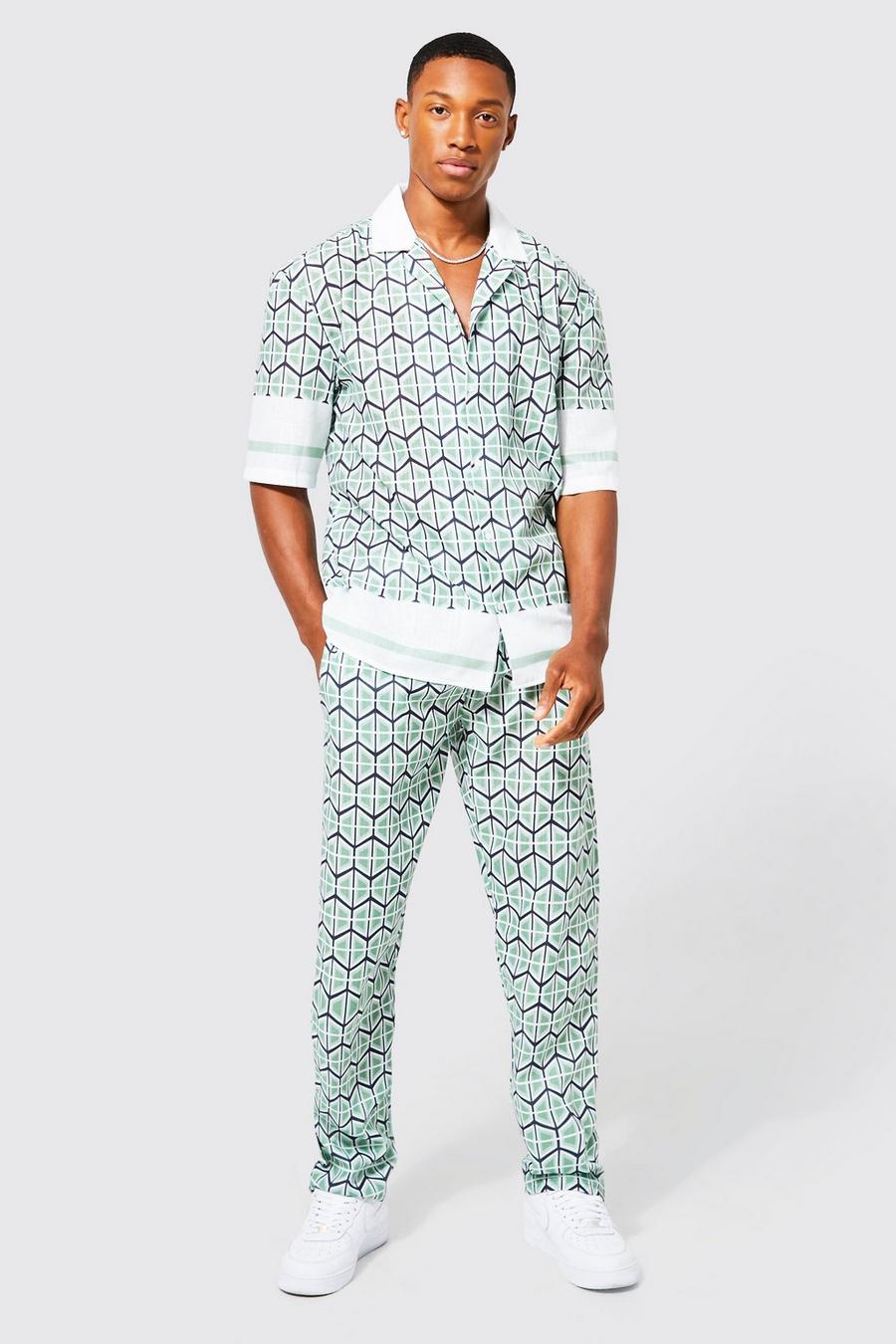 Ensemble à imprimé géométrique avec chemise et pantalon, Green image number 1