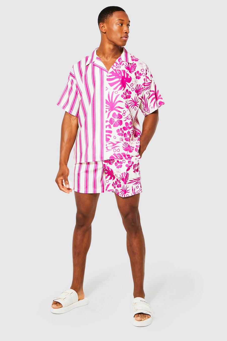 Pink Boxy Slub Spliced Floral Shirt And Swims image number 1