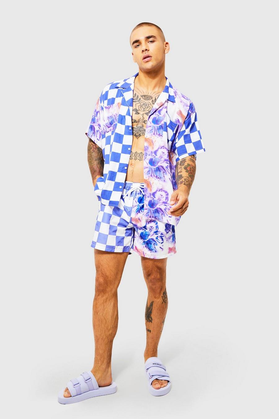 Purple Boxy Viscose Checkerboard Shirt And Swims image number 1