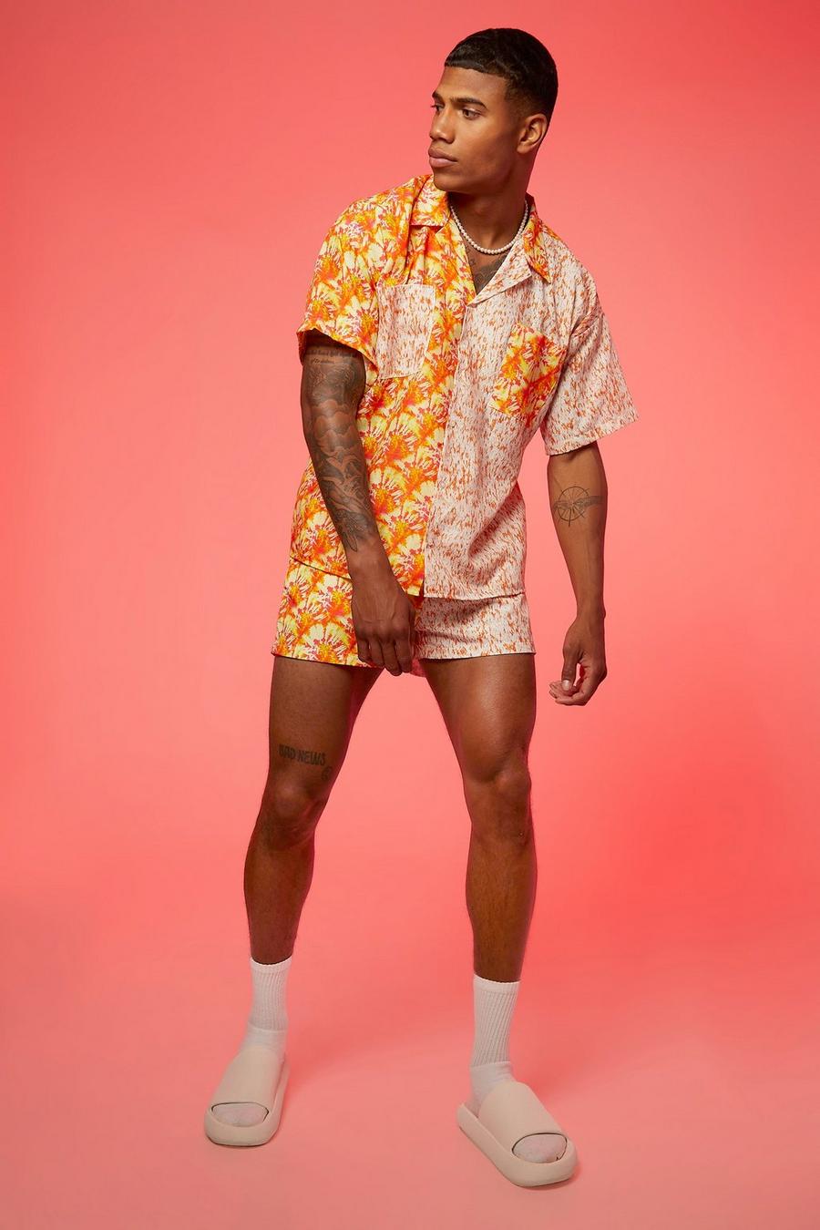 Yellow Boxy Slub Spliced Floral Shirt And Swims image number 1