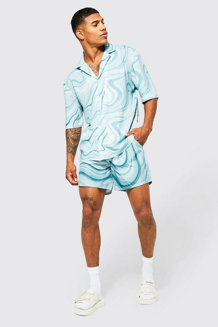 Pale green Drop Revere Viscose Marble Shirt And Swims image number 1