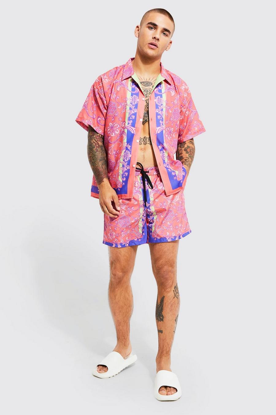 Pink Boxy Fit Slub Baroque Shirt And Swims image number 1