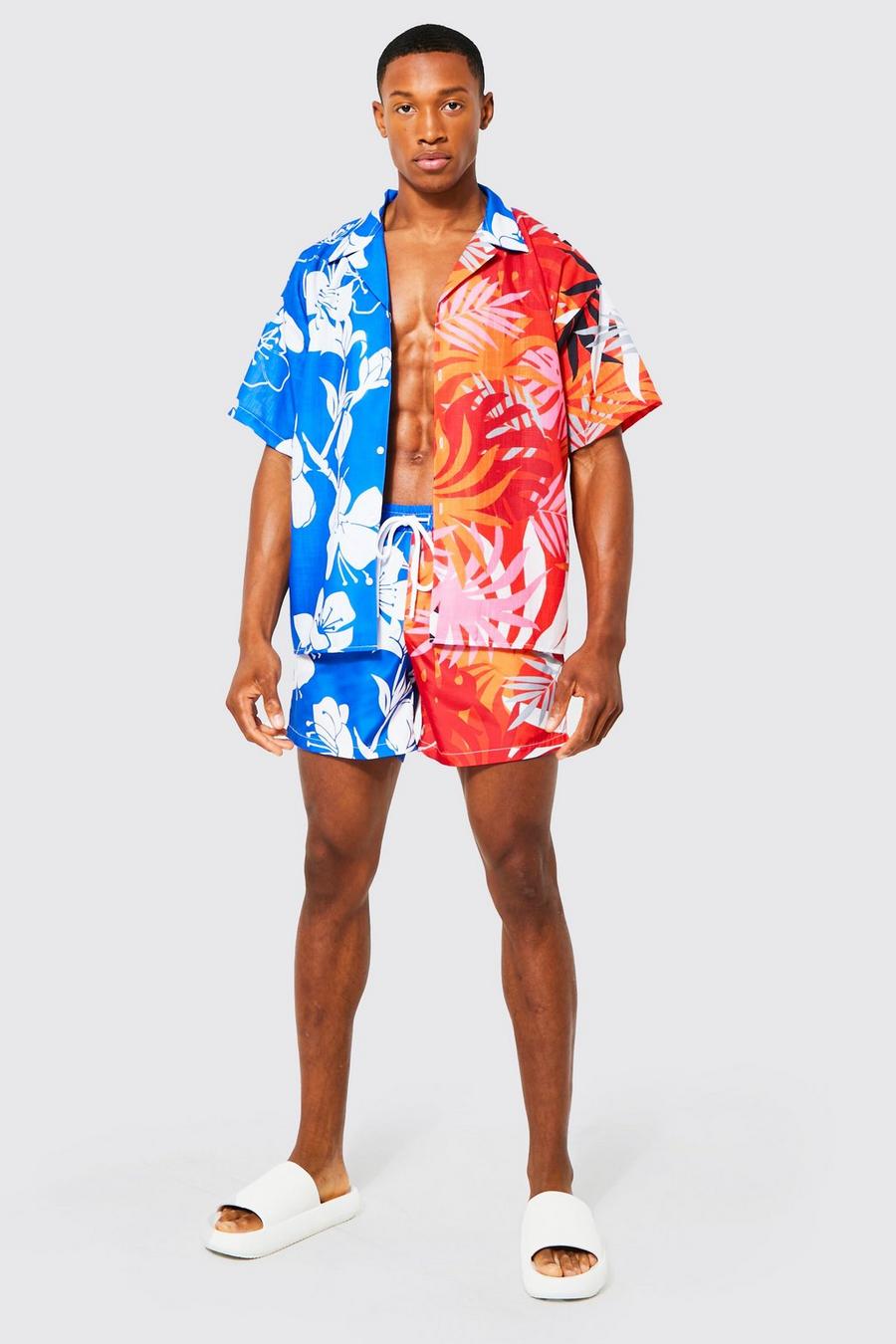 Blue Boxy Fit Slub Spliced Floral Shirt And Swims