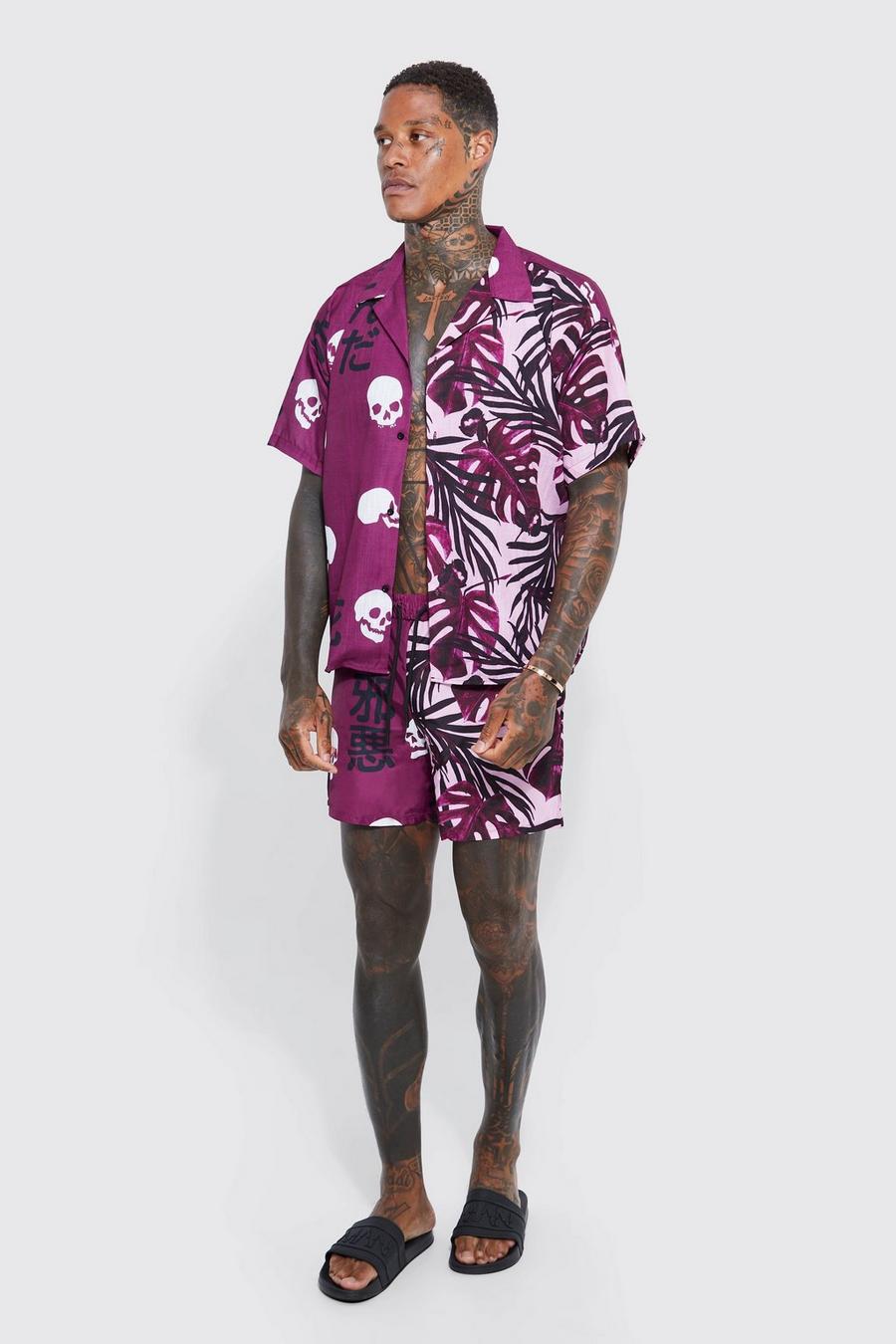 Kastiges gespleißtes Hemd und Shorts mit Totenkopf-Print, Dark pink