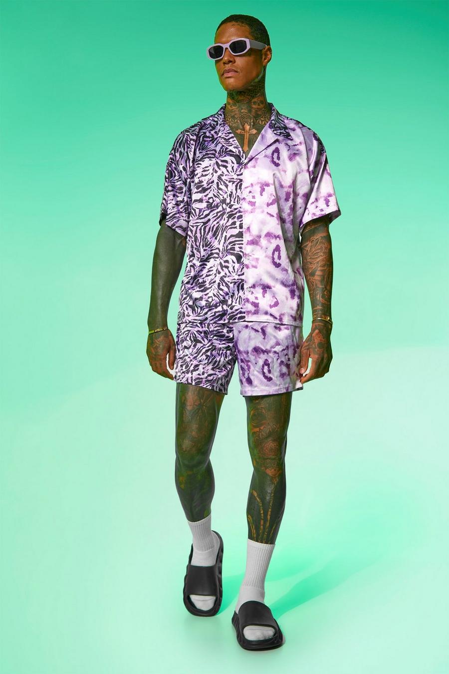 Purple Boxy Satin Spliced Tie Dye Shirt And Shorts image number 1