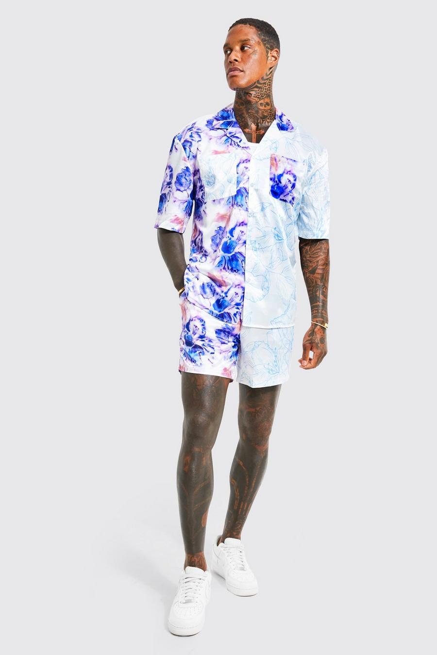 Pale blue Drop Revere Satin Spliced Shirt And Shorts image number 1