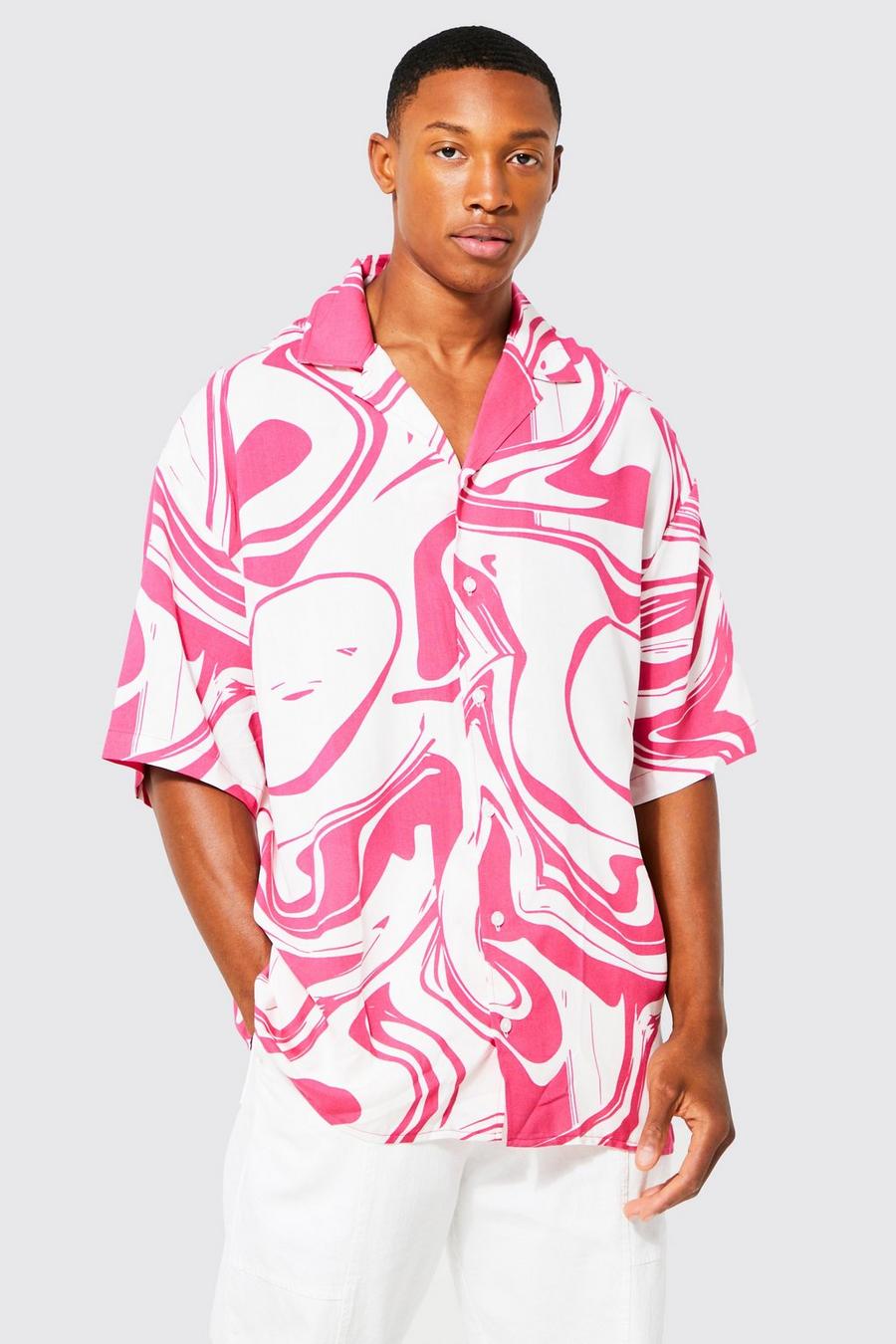Camicia squadrata oversize in viscosa in fantasia tie dye, Pink rosa