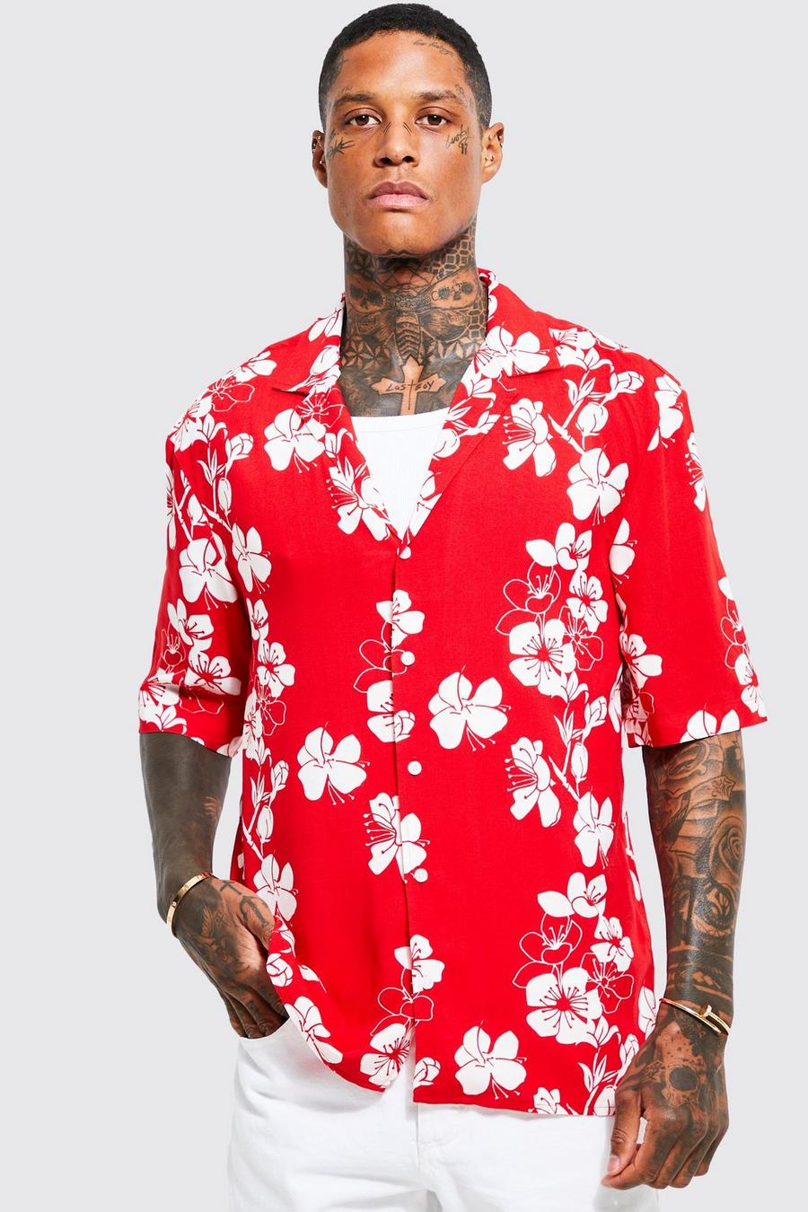 Red Viscose Dropped Revere Hawaiian Shirt 