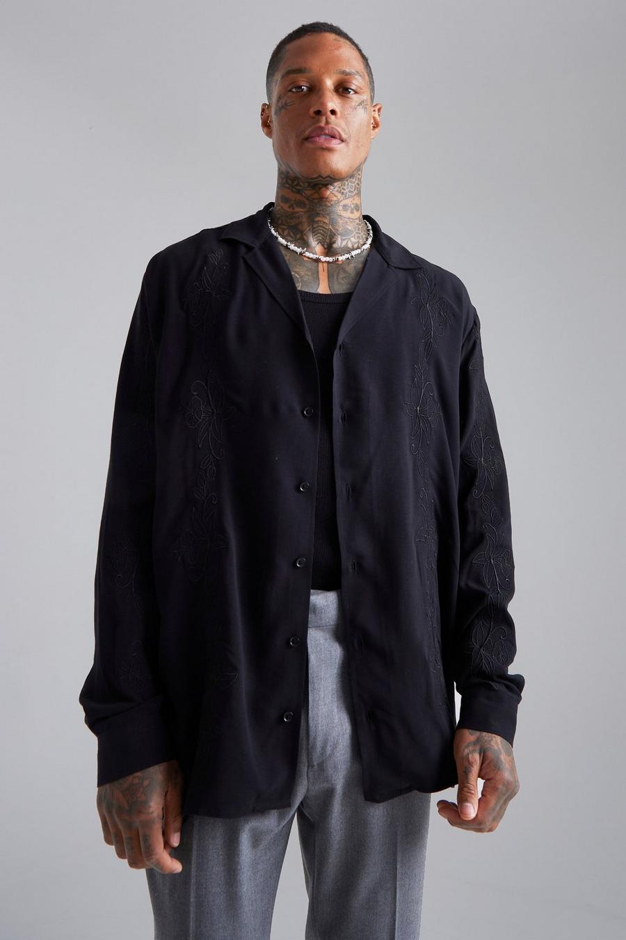 Black Long Sleeve Oversized Floral Embroidery Shirt image number 1