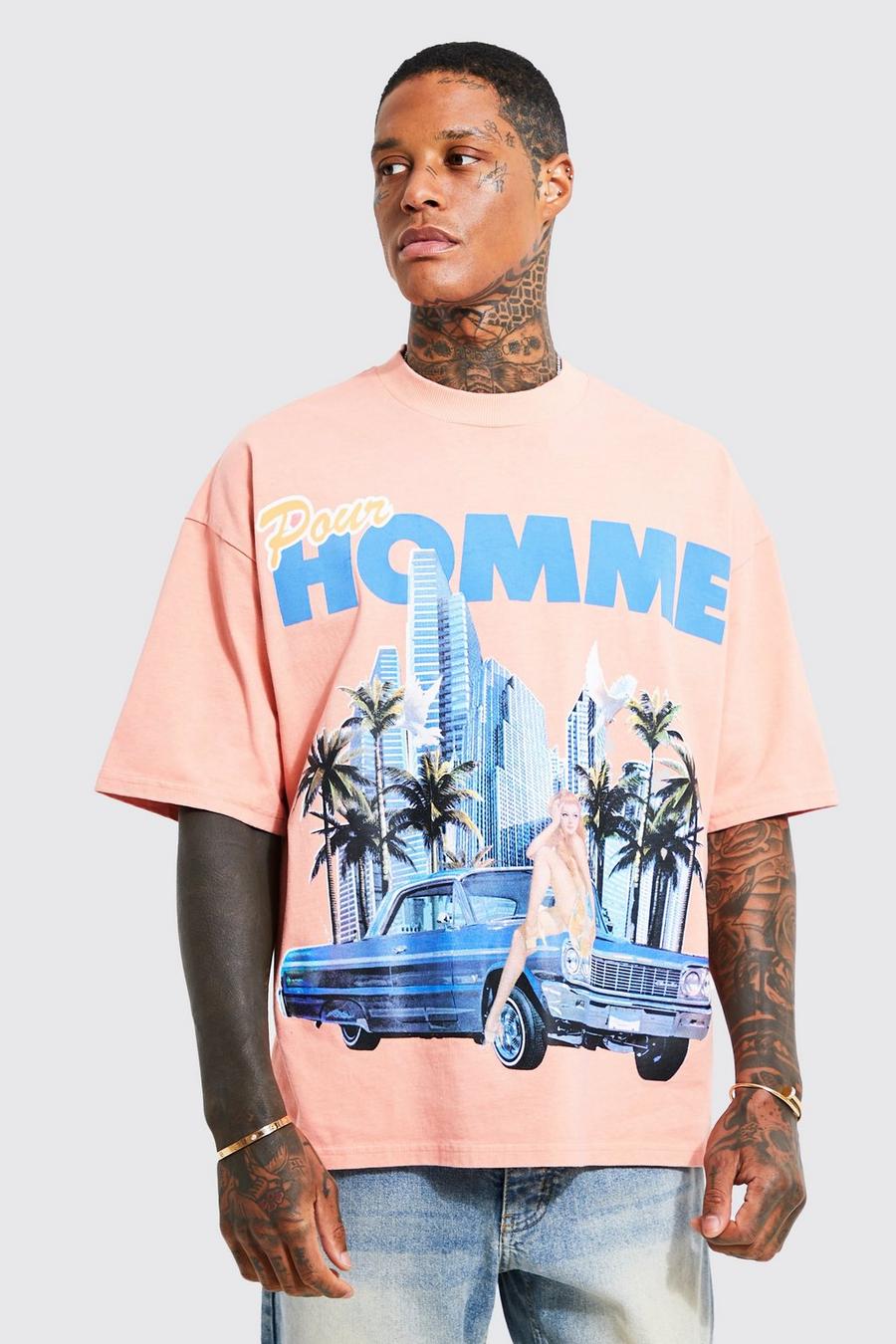 Coral pink Boxy High Neck Graphic Acid Wash T-shirt