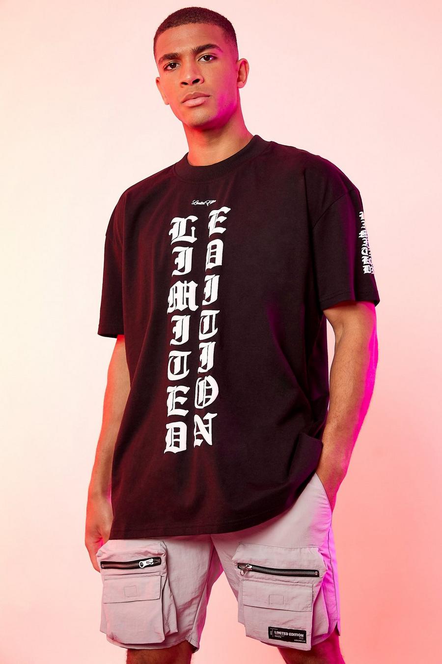 Black Oversized High Neck Gothic Text Print T-shirt image number 1