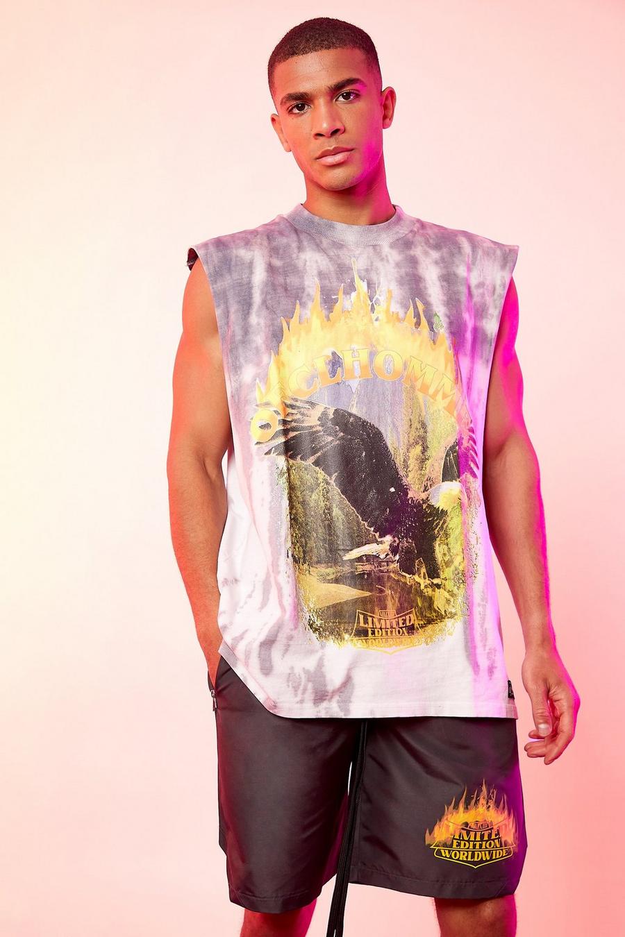 Charcoal grey Oversized High Neck Graphic Tie Dye Tank