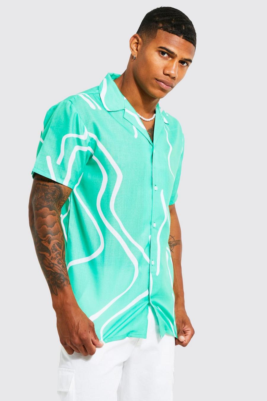 Green grön Kortärmad mönstrad skjorta med bowlingkrage image number 1