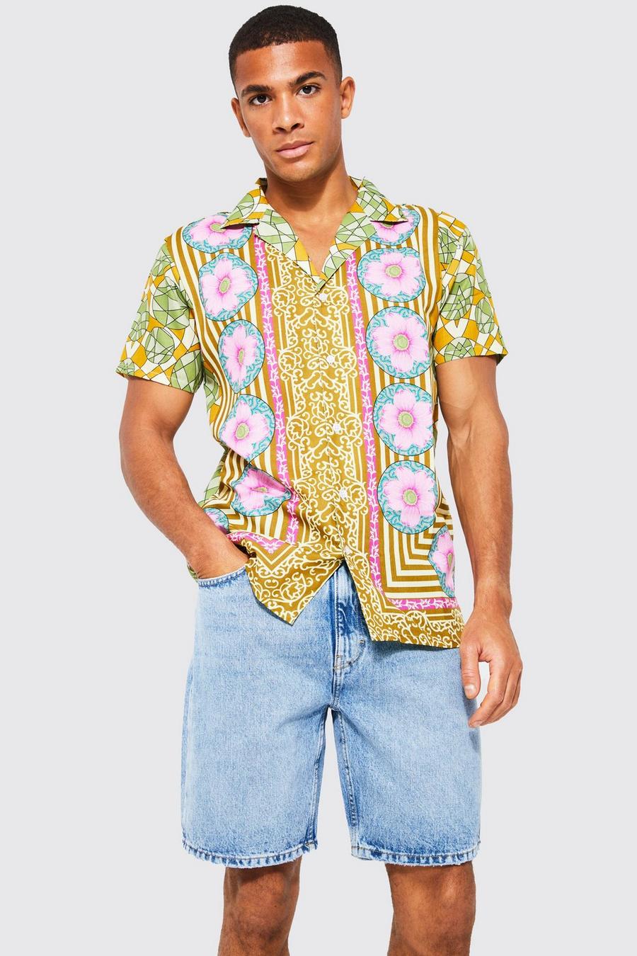 Yellow Short Sleeve Revere Floral Border Shirt image number 1