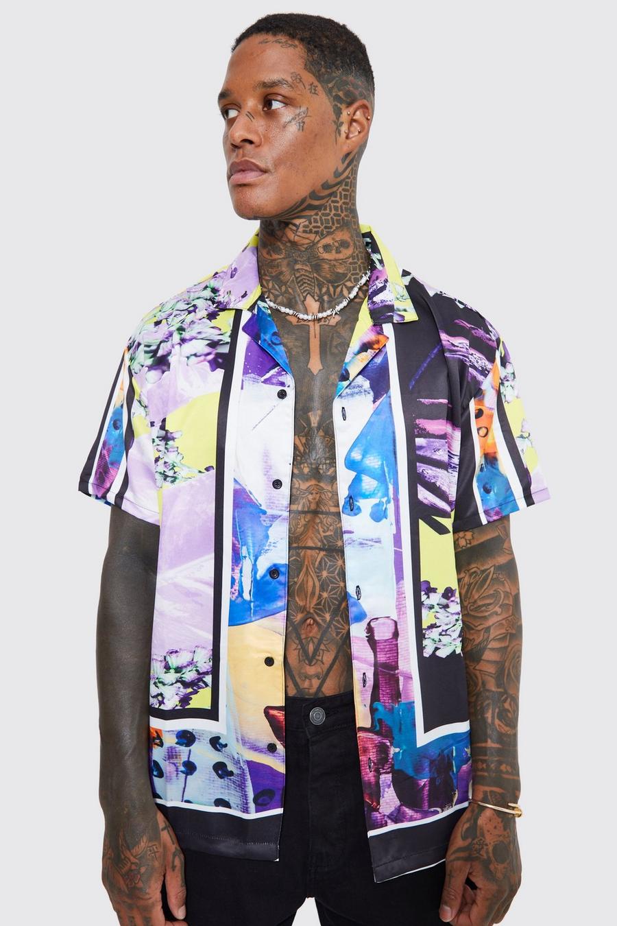 Multi Short Sleeve All Over Graphic Satin Shirt image number 1