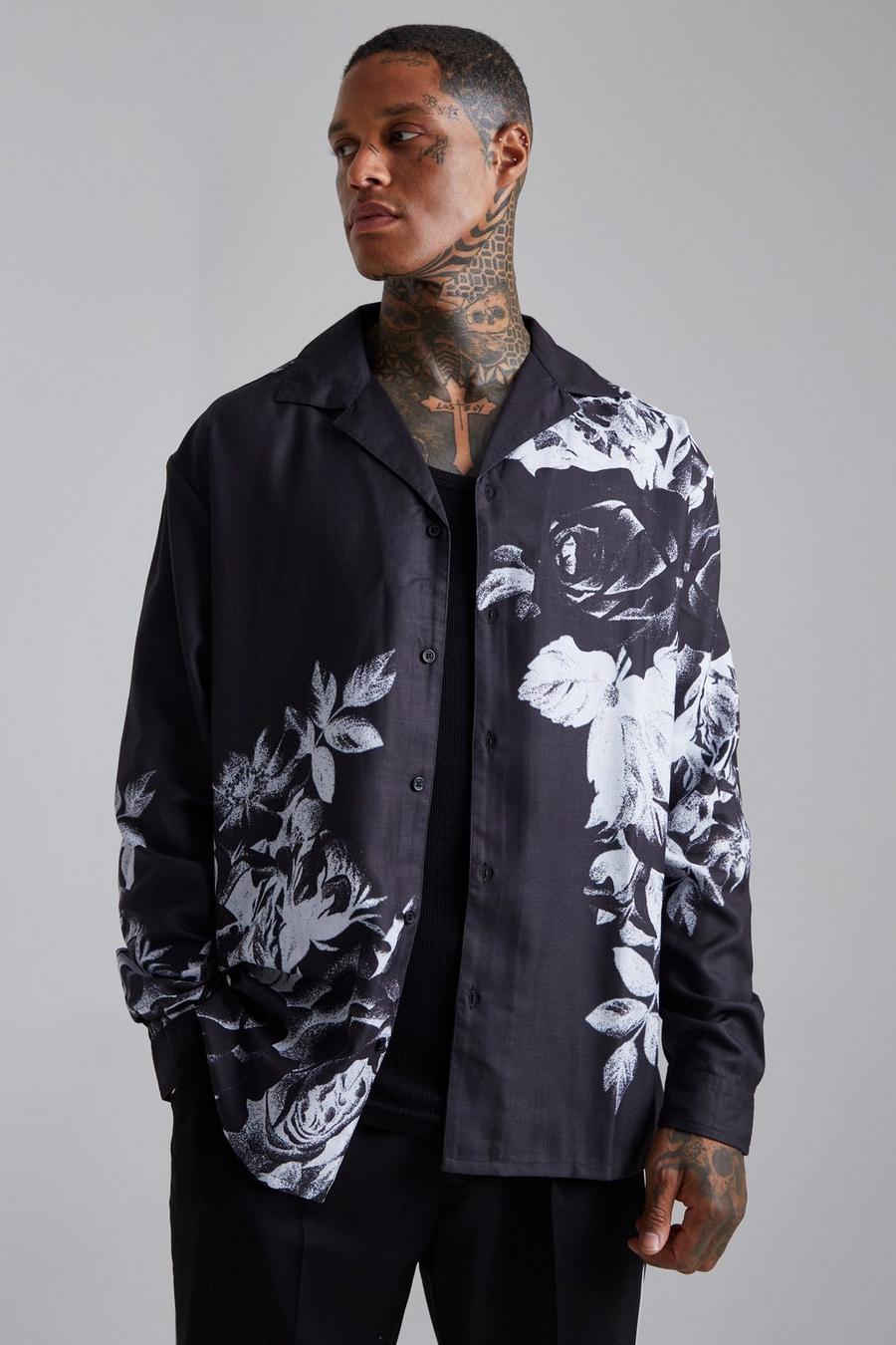 Black Long Sleeve Oversized Floral Print Shirt image number 1